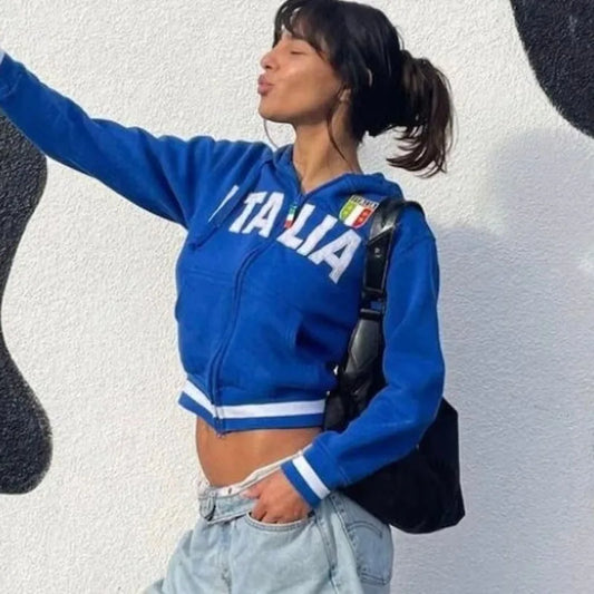 Blue Embroidered Cropped Zip Jacket
