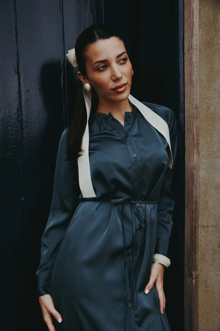 Satin Ruffled-Neck Dress with Removable Belt