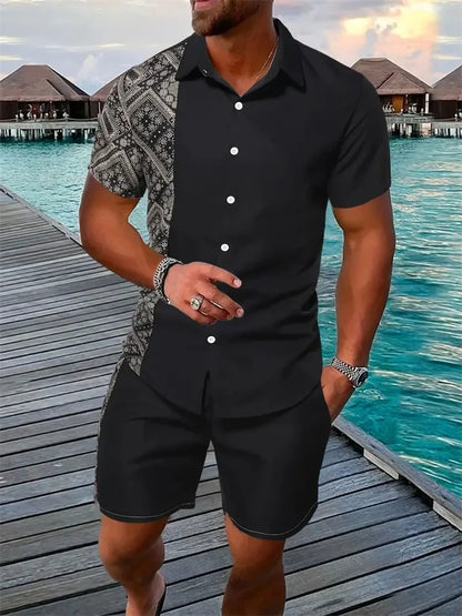 3D Leaf Print Hawaiian Shirt Set