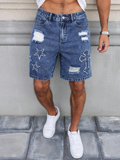 Blue Embroidered Ripped Denim Shorts