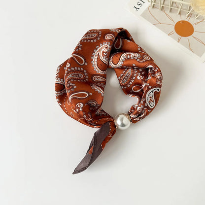 Print Scarf Silk Pearl Buckle