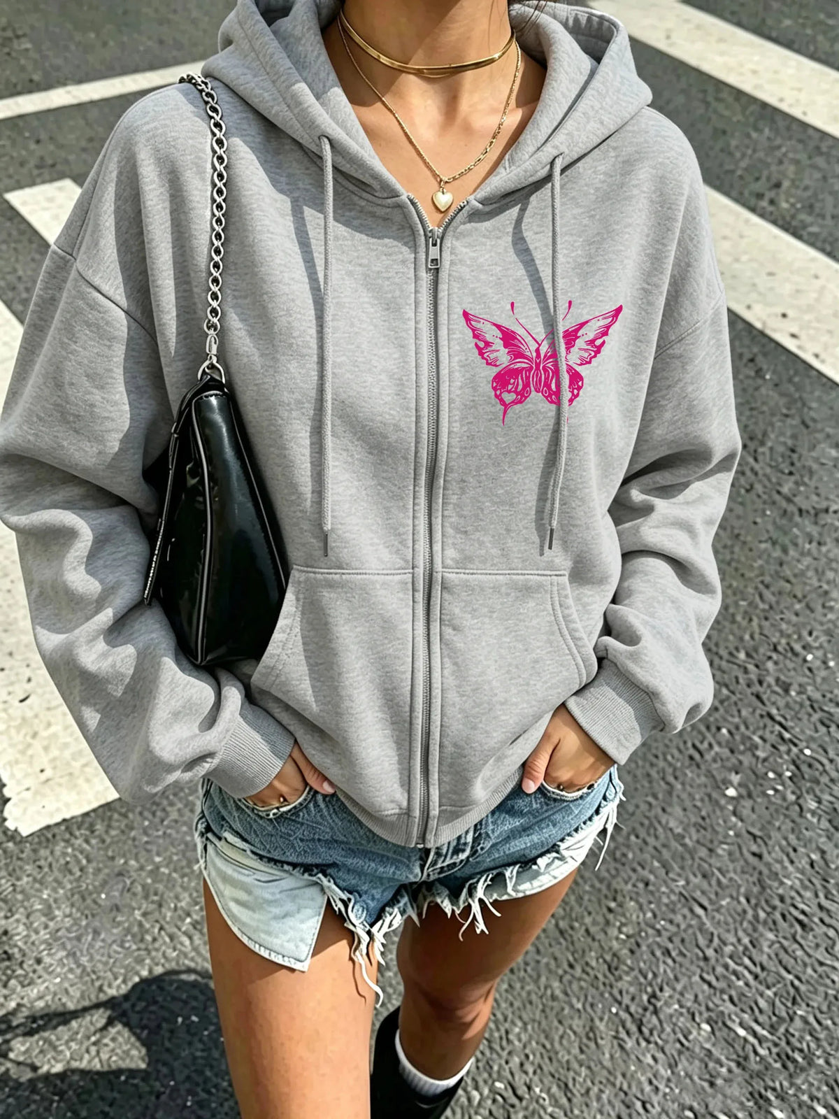 Butterfly Drawstring Zip Hoodie