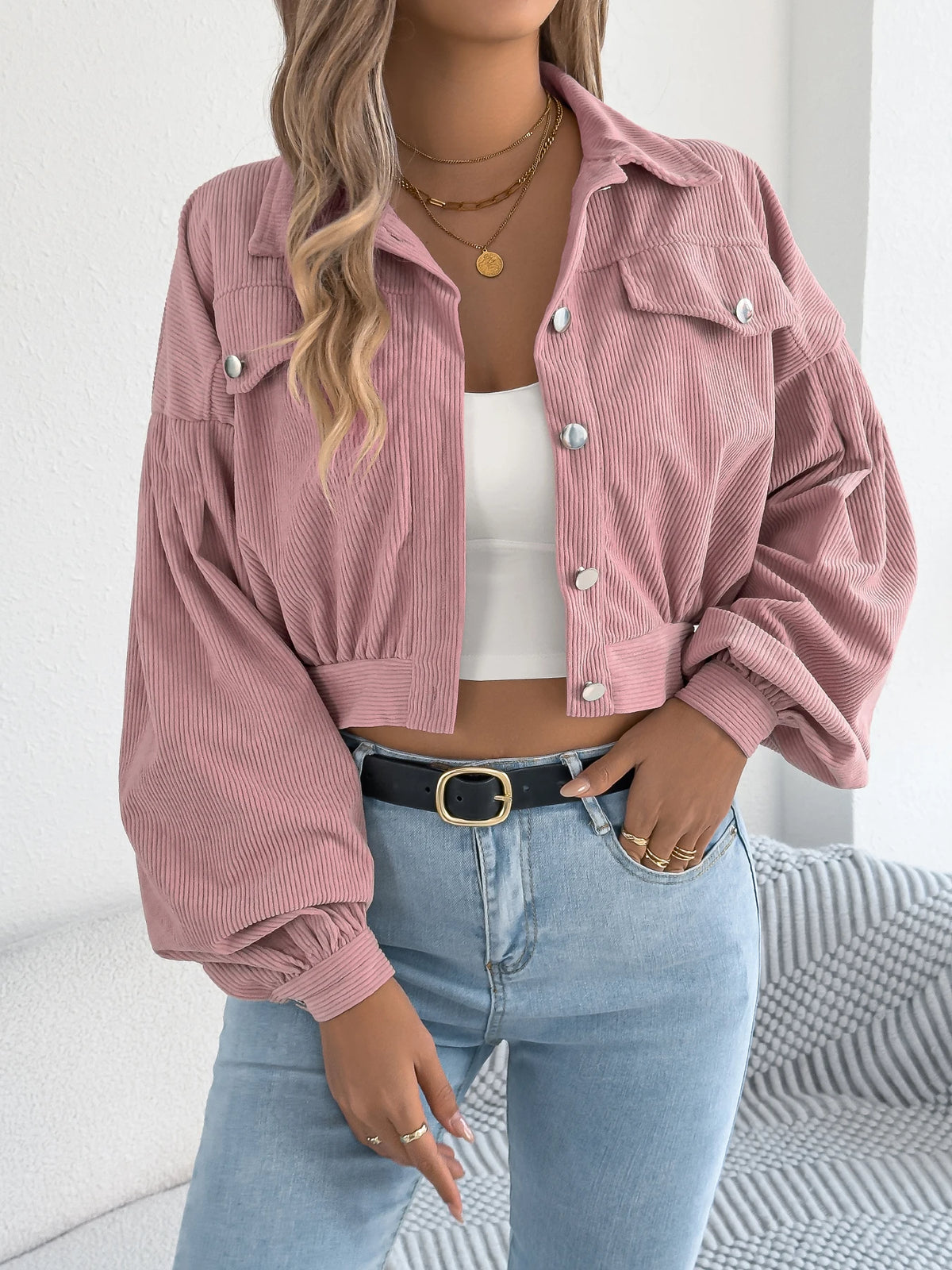 Corduroy Cropped Button Jacket
