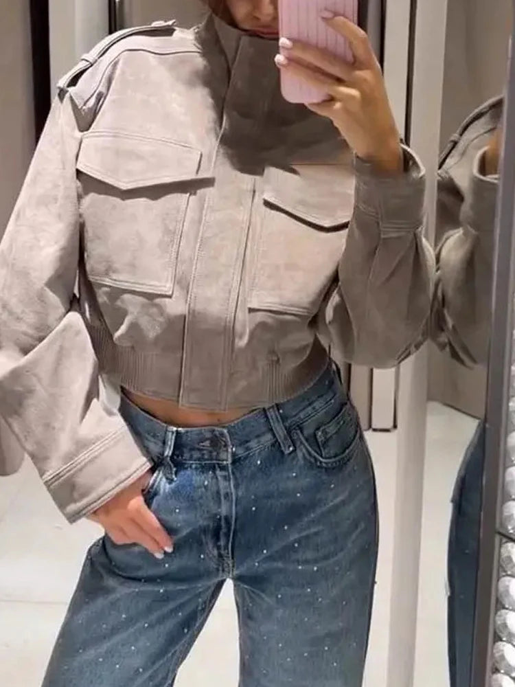 Faux Suede Cargo Jacket
