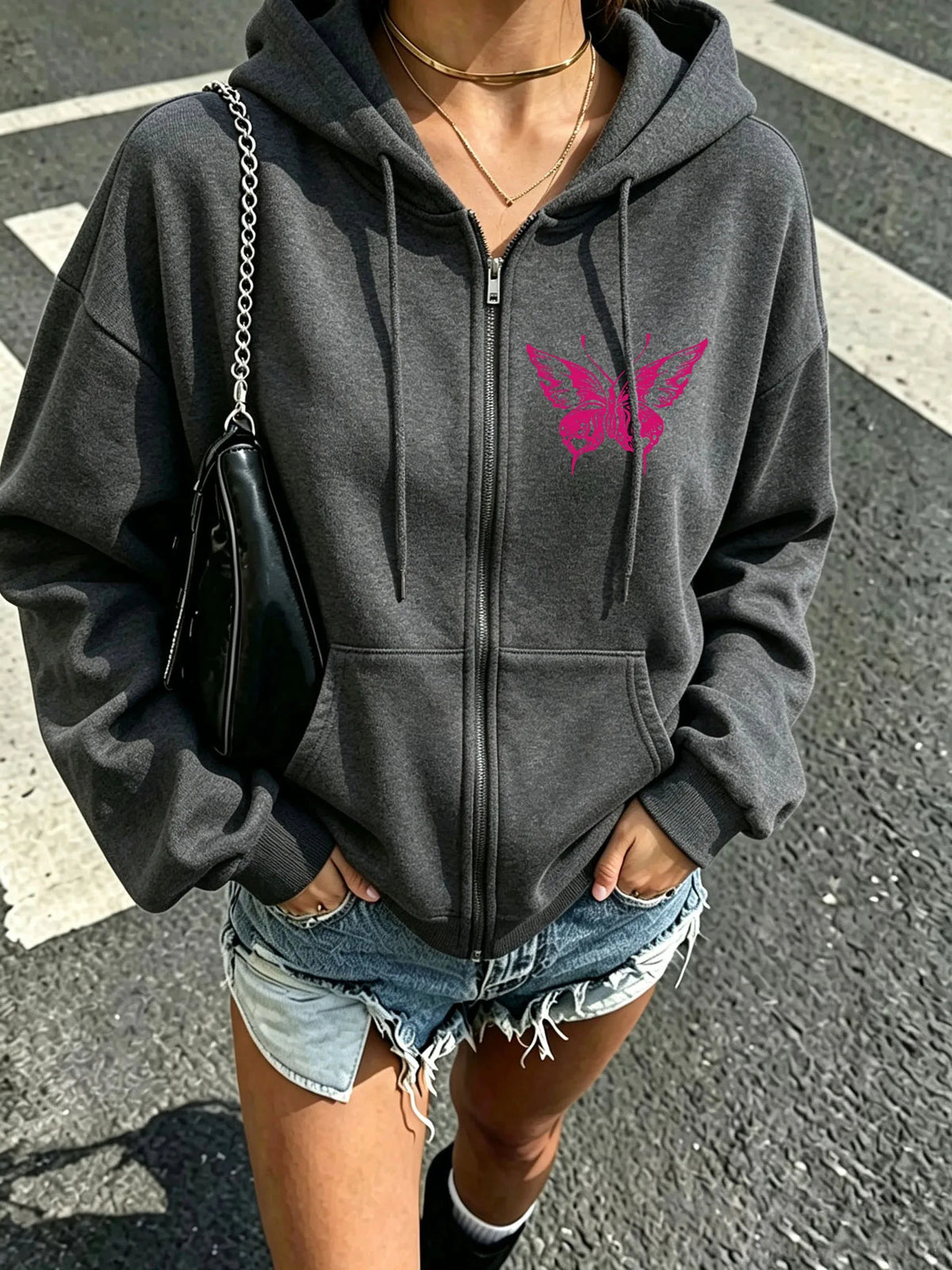 Butterfly Drawstring Zip Hoodie
