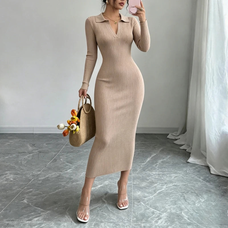 Ribbed Knit Long Sleeve Sweater Dress