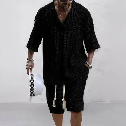 Knitted V-Neck T-Shirt Shorts Set