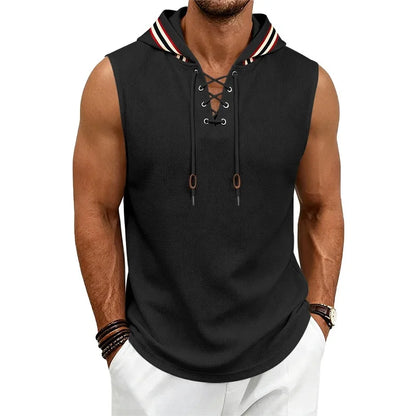 Cross-Lacing Waffle Knit Hooded Vest