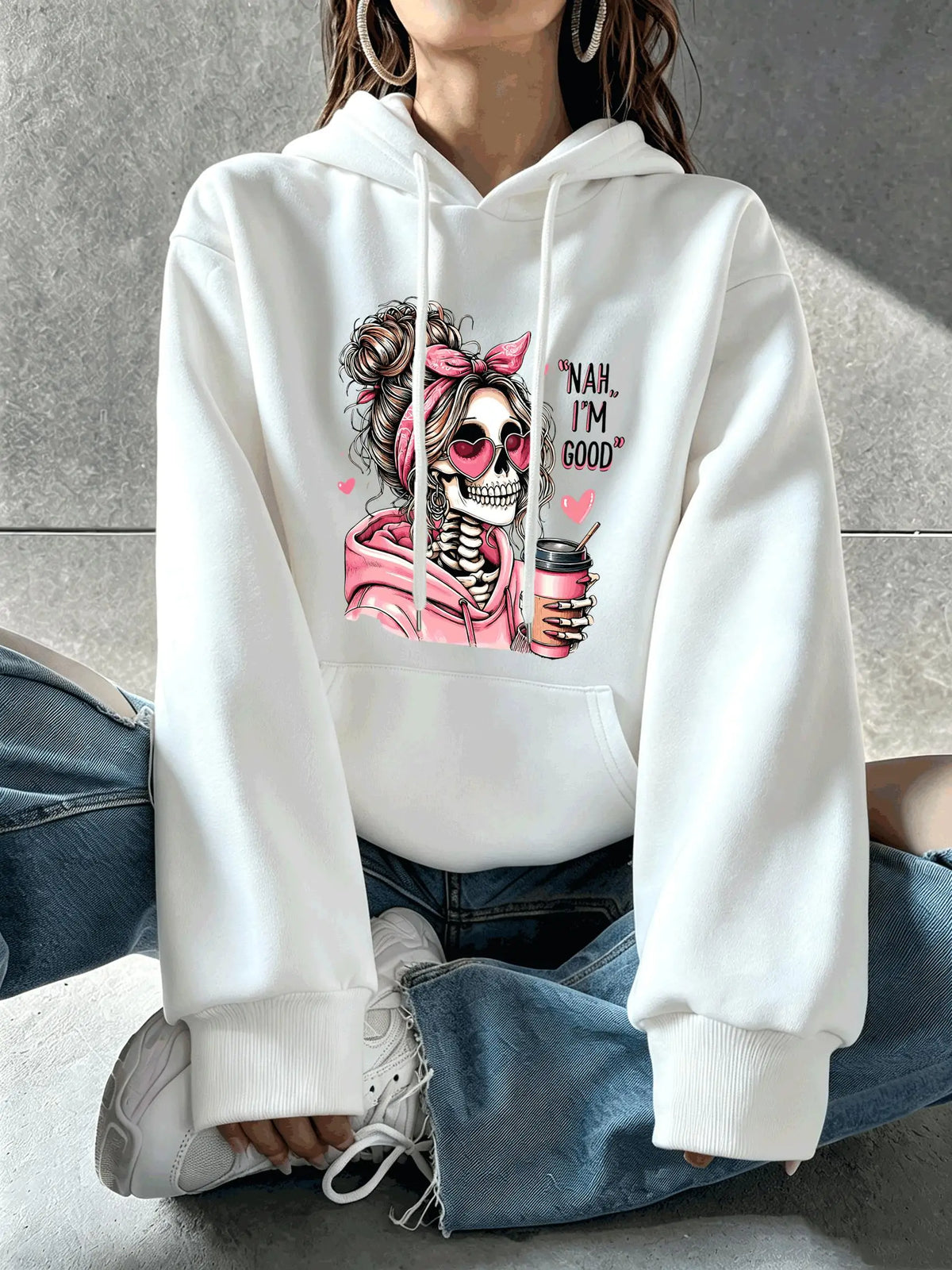 Skull Print Pocket Hoodie