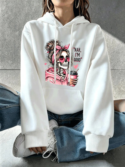 Skull Print Pocket Hoodie