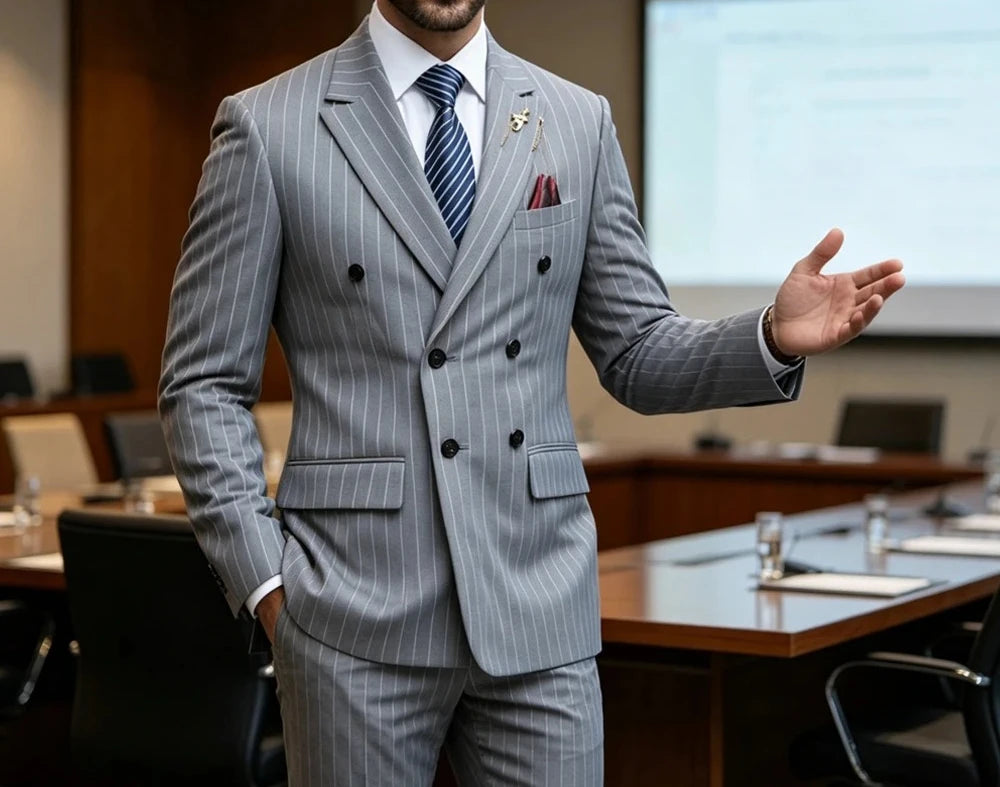 Pinstripe Double Breasted Peak Suit