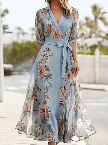 Printed V-Neck Lace-Up Short Sleeve Dress