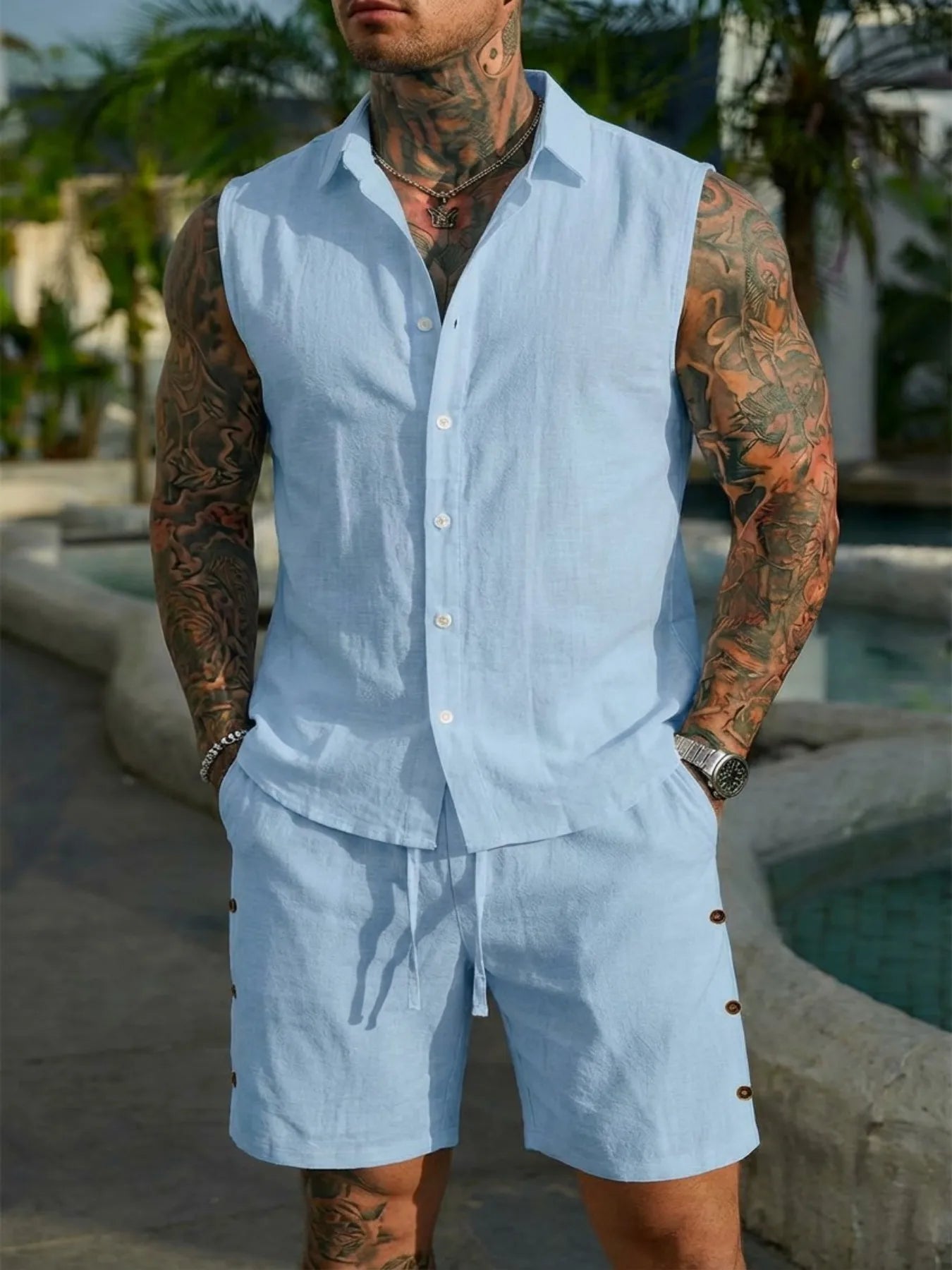 Cotton Linen Sleeveless Shirt Set