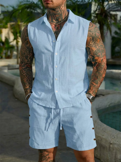 Cotton Linen Sleeveless Shirt Set