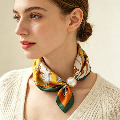 Print Scarf Silk Pearl Buckle