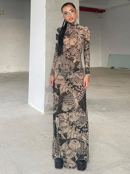 Printed Mesh Maxi Dress