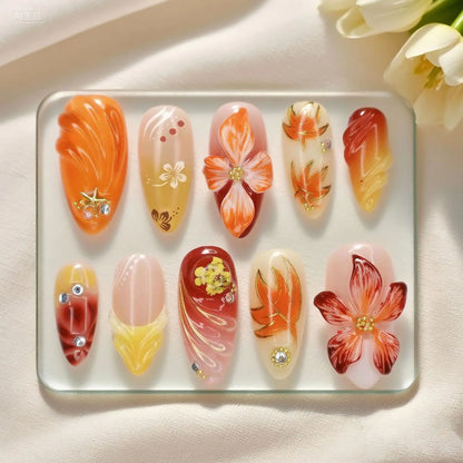 3D Flower Almond Press-On Nails