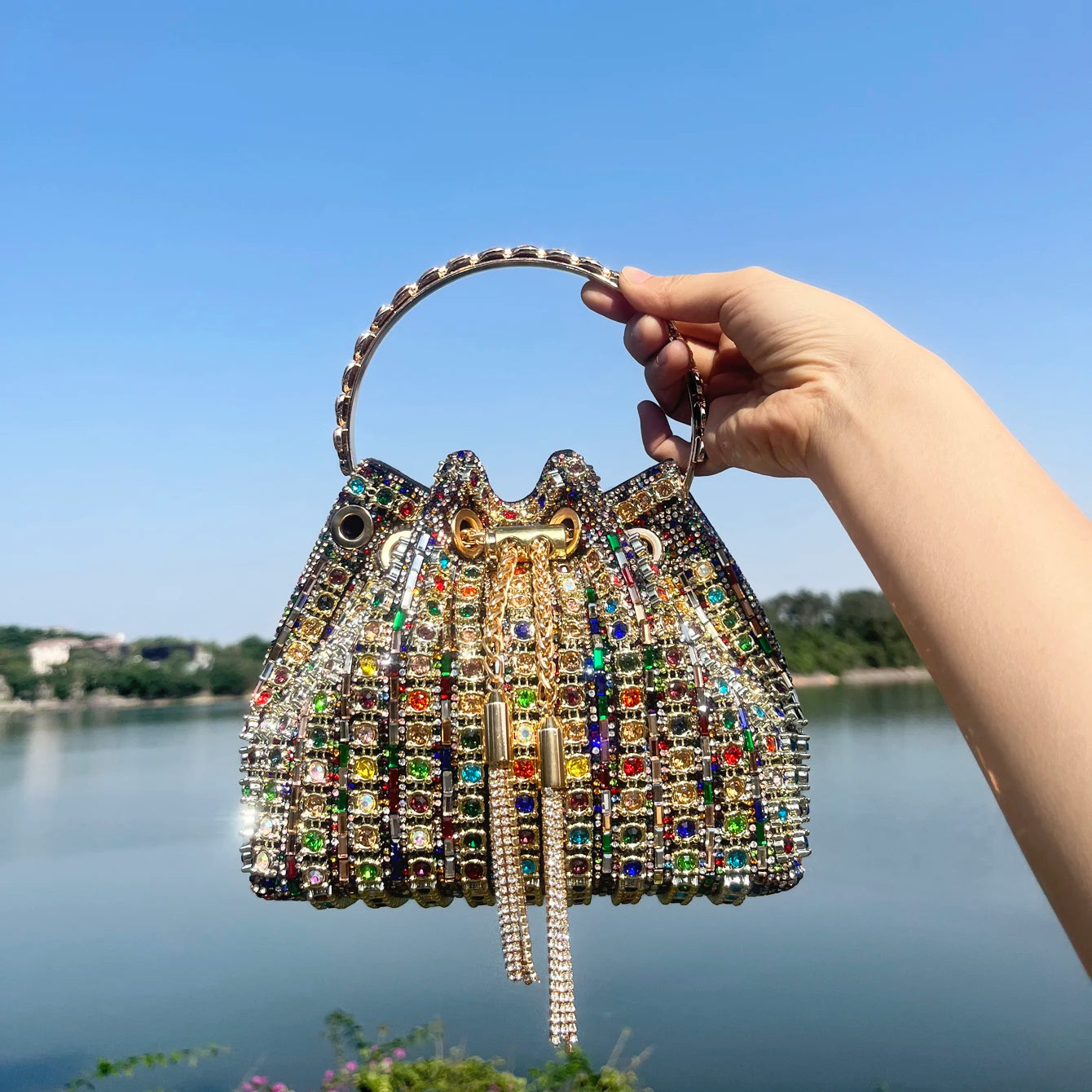 Crystal Rhinestone Bucket Clutch