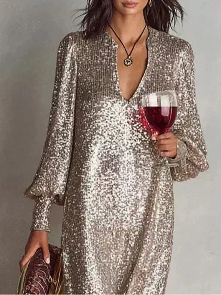 Sequined V-Neck Long Sleeve Loose Dress
