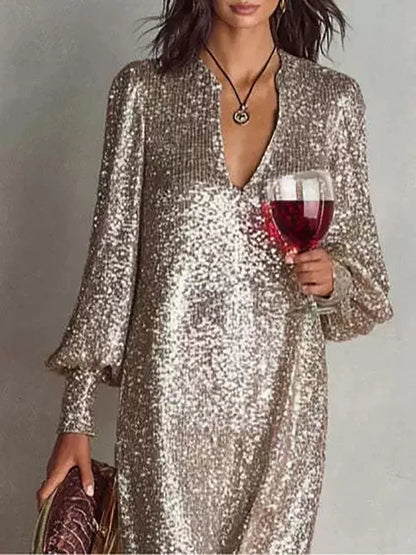 Sequined V-Neck Long Sleeve Loose Dress