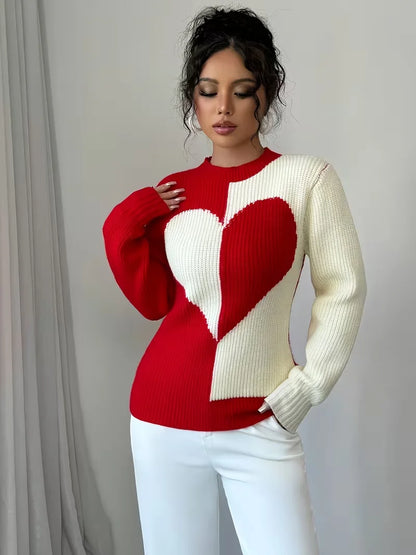 Color-Block Heart Knit Pullover