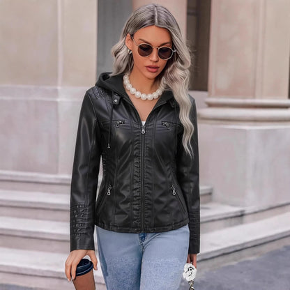Detachable Hood Faux Leather Jacket