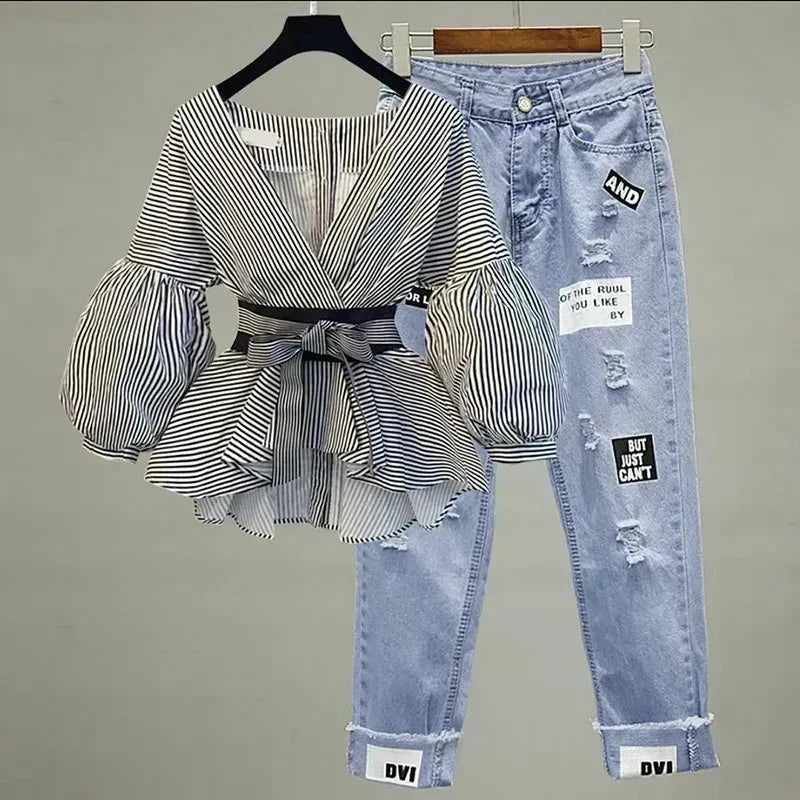 Elegant V-Neck Chiffon Top with Jeans