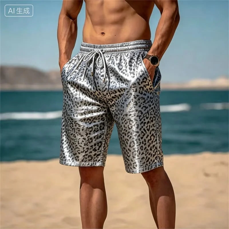 Leopard Print Drawstring Beach Shorts