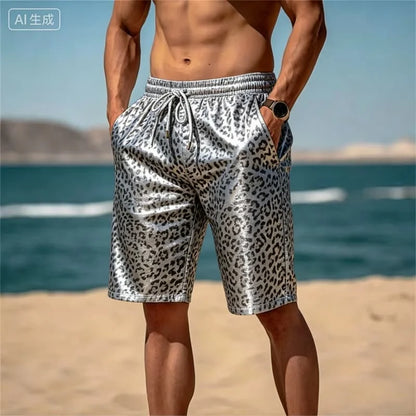 Leopard Print Drawstring Beach Shorts