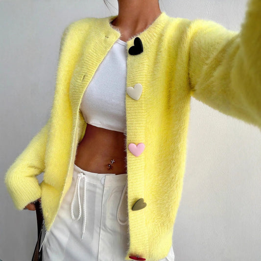Yellow Heart Button Cardigan
