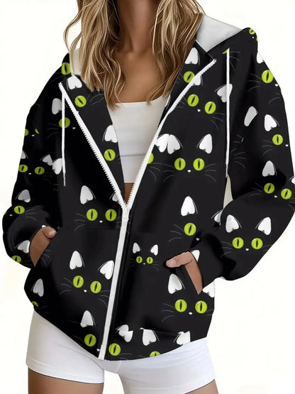 3D Cat Print Zip Hoodie