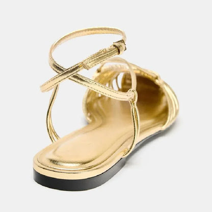 Sylmza Gold Weave Hollow Flat Sandals