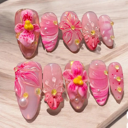 3D Flower Almond Press-On Nails
