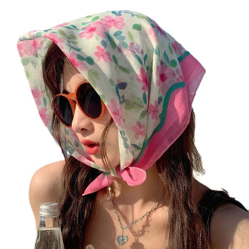 Cotton Linen Square Floral Scarf