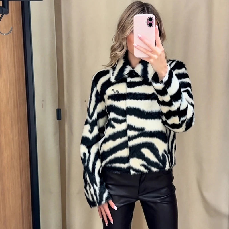 Zebra Print Faux Fur Jacket