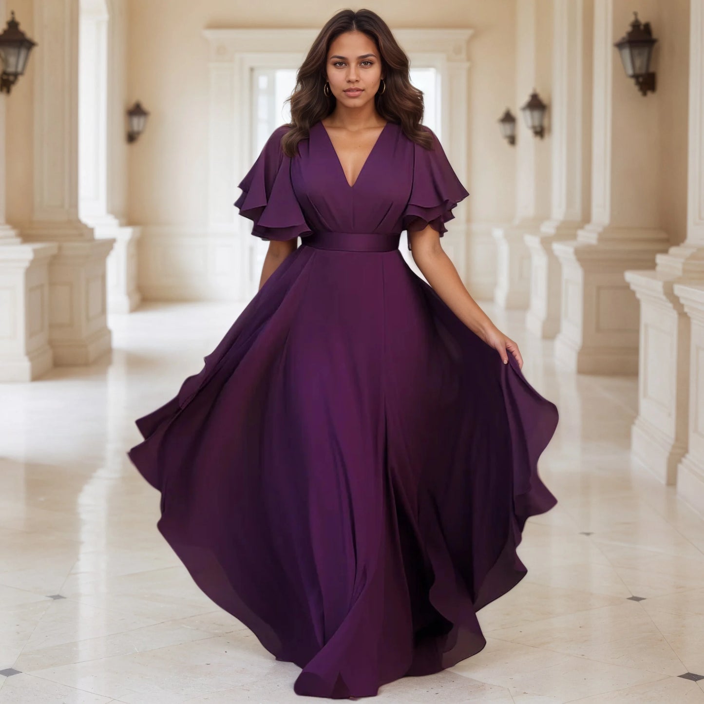 Flutter Sleeve Evening Dress