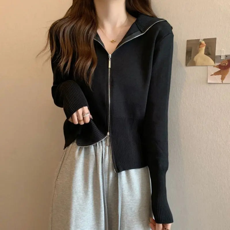 Double-Zip Hooded Knit Jacket