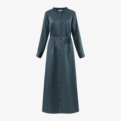 Satin Ruffled-Neck Dress with Removable Belt