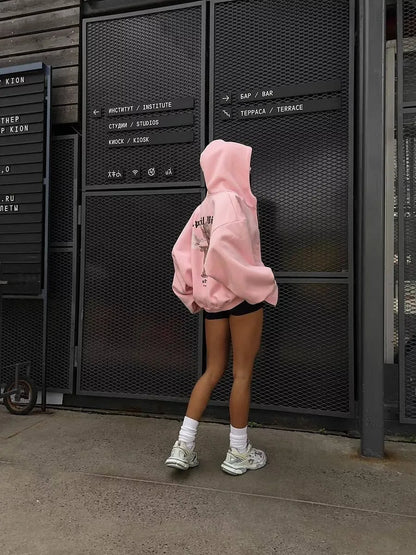 Pink Print Oversized Hoodie