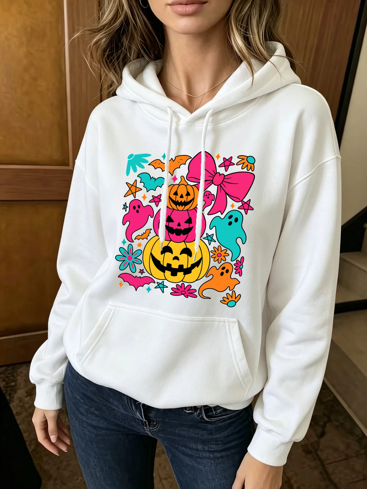 Pumpkin Bow Print Fleece Hoodie