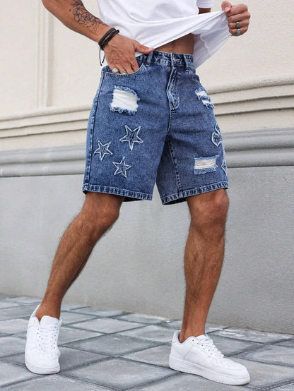 Blue Embroidered Ripped Denim Shorts