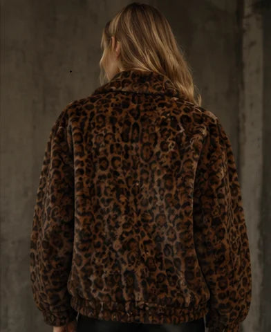 Leopard Print Faux Fur Zip Jacket