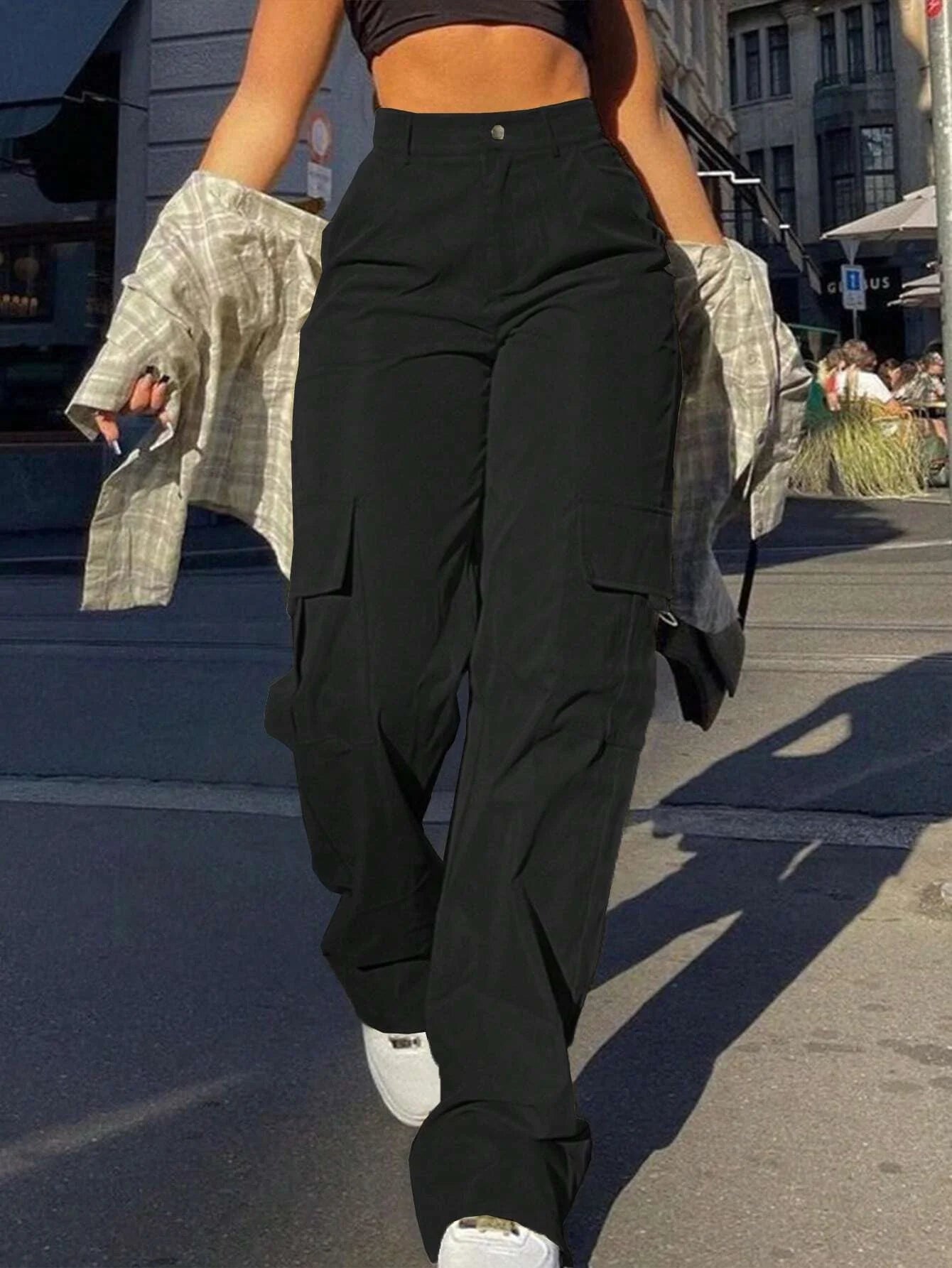 Plain High-Waist Cargo Pants