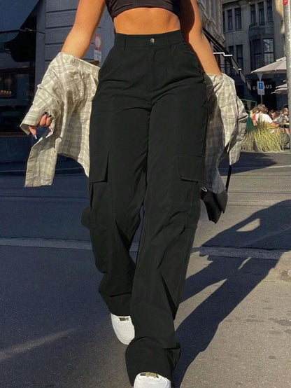 Plain High-Waist Cargo Pants