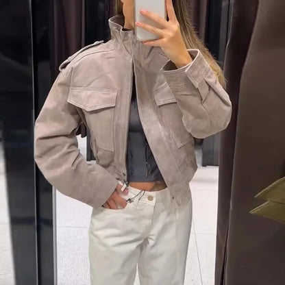 Faux Suede Cargo Jacket