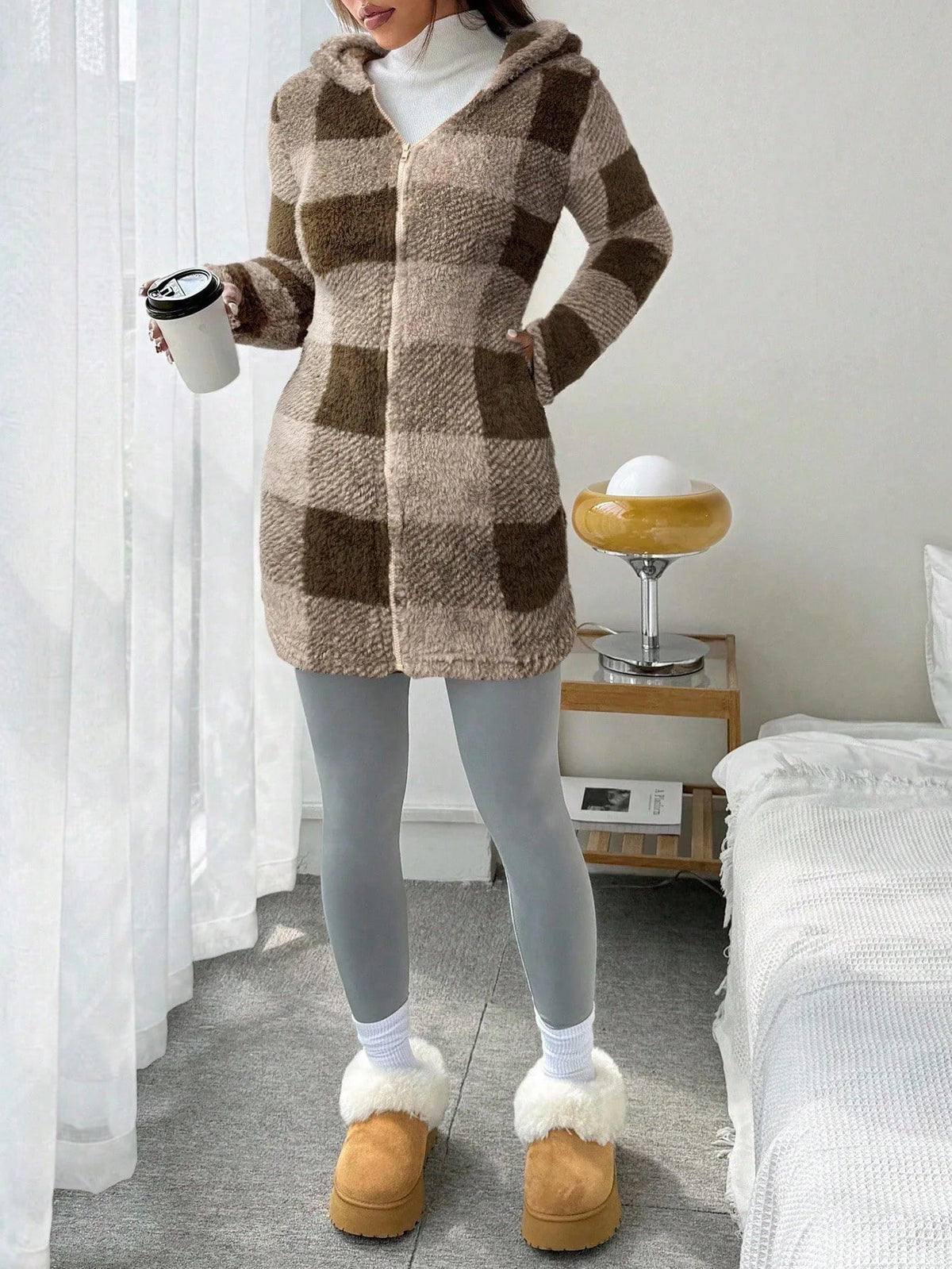 Plaid Fleece Hooded Zip Jacket