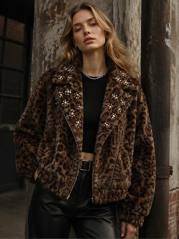 Leopard Print Faux Fur Zip Jacket