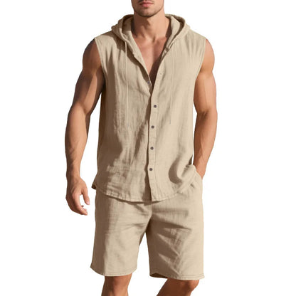 Linen Hooded Sleeveless Shirt Set