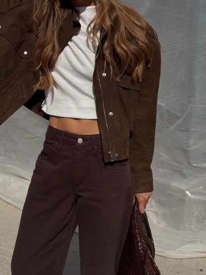 Stand Collar Faux Suede Jacket