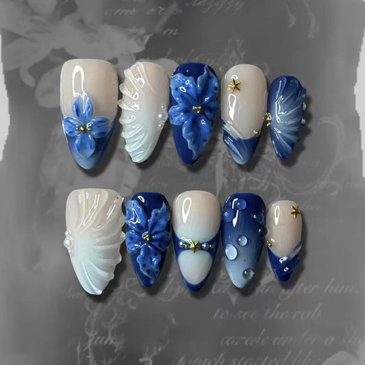 Gradient Blue Flower Press-On Nails